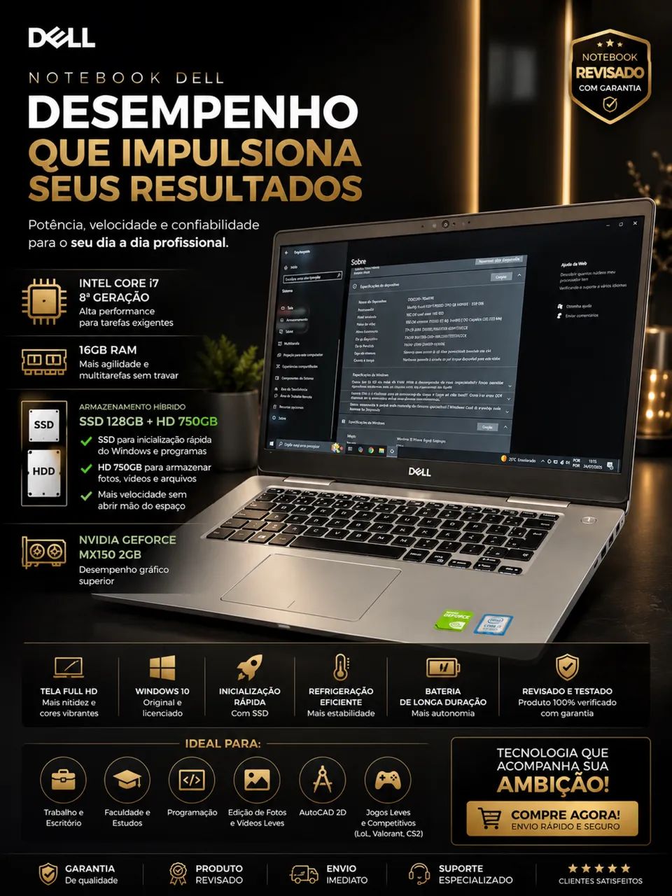 Notebook Dell Core i7 | 16GB RAM | SSD + HD | GPU GeForce MX150