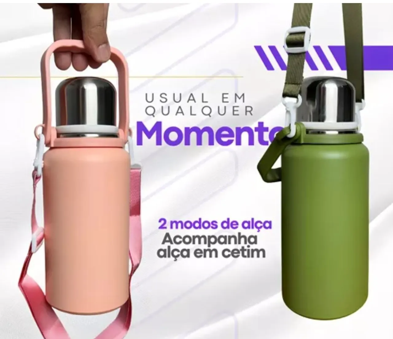 Garrafa Térmica de Aço Inox com Alça de Cetim - 2 Cores