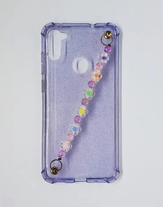 Case Capa Capinha Samsung Galaxy A11 de Silicone Azul com Purpurina - Corrente de Flores