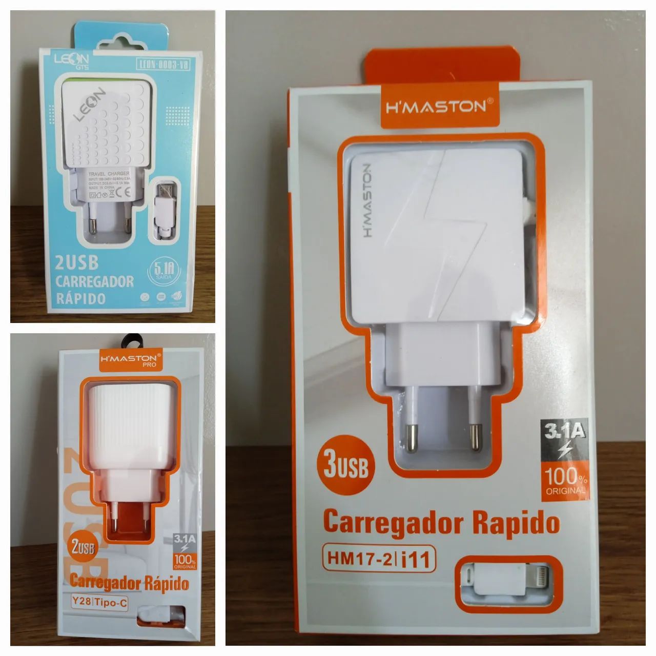 3 carregadores tipo c, v8 ou ios iphone