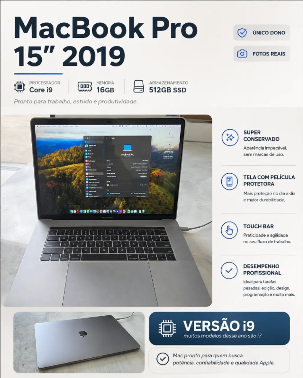 MacBook Pro 15? 2019 Core i9 | 16GB RAM | SSD 512GB | Único Dono