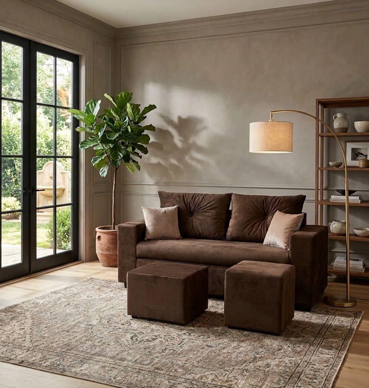 Sofá 3 lugares com centro, puff e almofadas decorativas grátis 