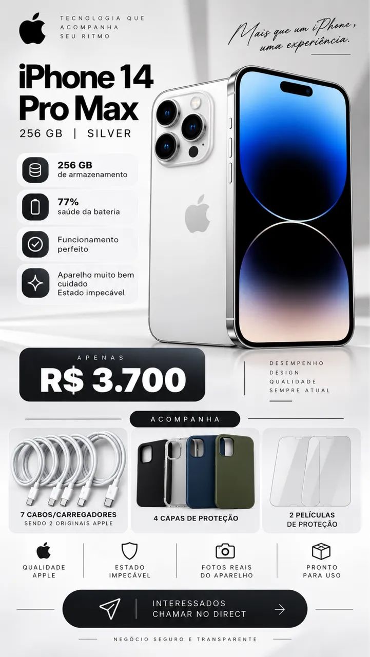 iPhone 14 Pro Max 256GB Silver + Kit Completo (7 Cabos, 4 Cases e 2 Películas) - Foto 3