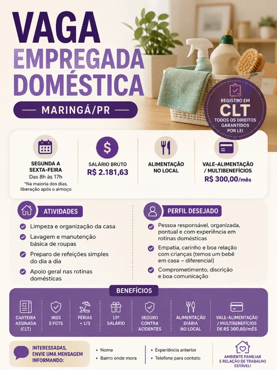 Empregada Doméstica - Carteira Assinada + VA