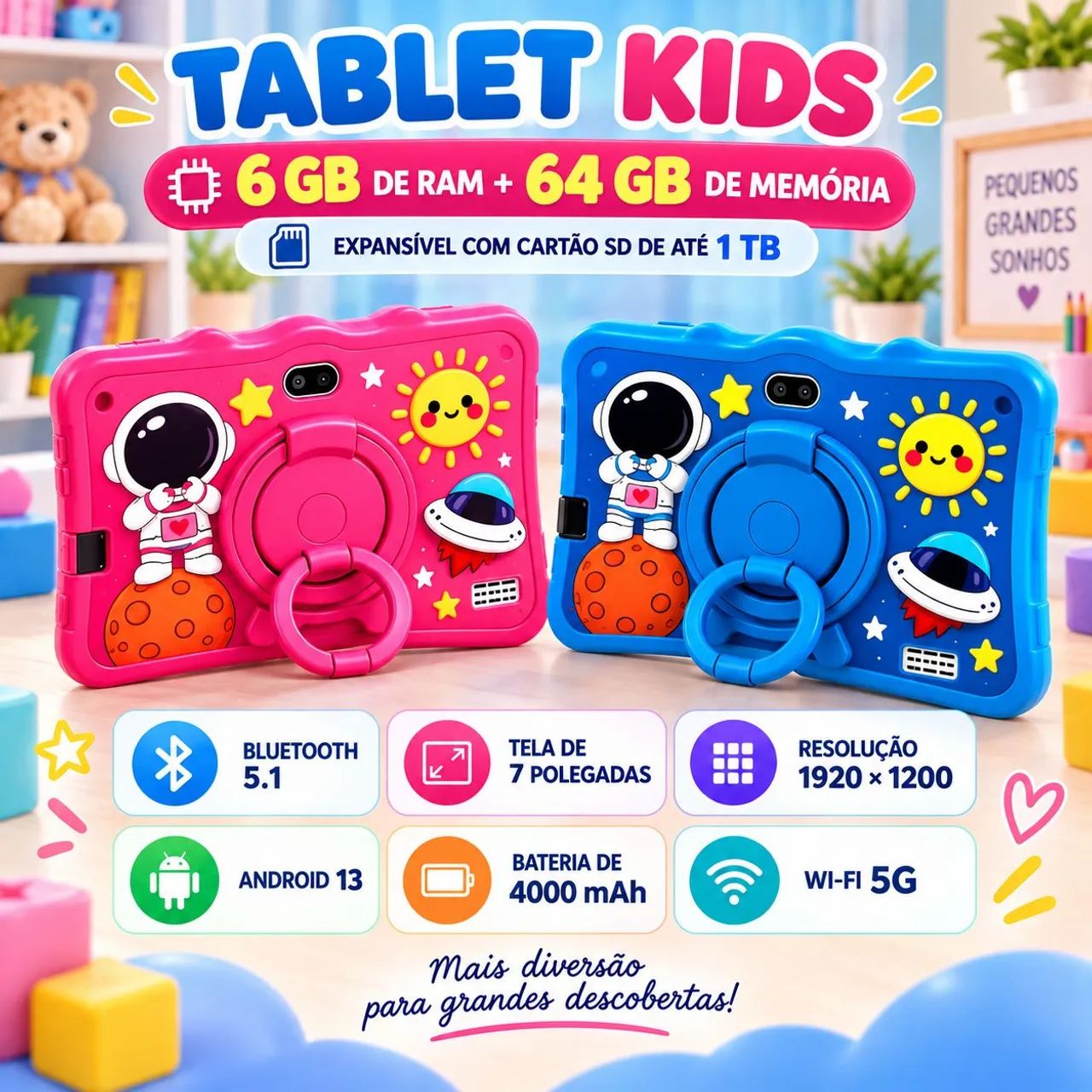 Tablet infantil Kids 7 Polegadas Android 13 6GB RAM + 64GB Wi-fi Capa Protetora Caneta Tou - Foto 5
