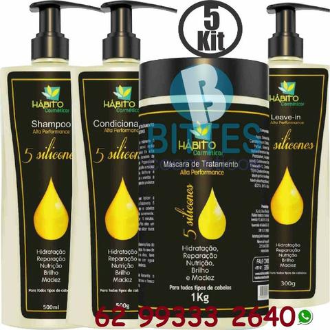 5 Kit Tratamento Hábito Cosméticos 5 silicones Hidratação Reparação Nutrição Brilho Força