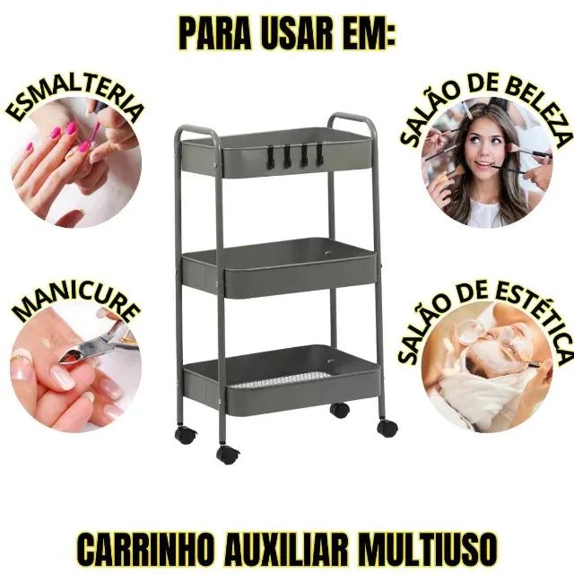 Carrinho Auxiliar com 3 Prateleiras de Ferro com rodinhas para Salão de Beleza Maquiagem - Foto 2