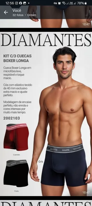 Kit 3 Cuecas Boxer Longa Diamantes