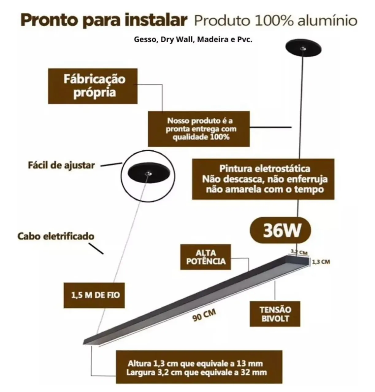 Luminaria De Teto Pendente Moderno 90cm Led Integrado 36w Cor Preto Branco Frio