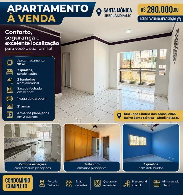 Apartamento 3 Quartos c/ Suíte | 70m² | 2º Andar | Condomínio completo