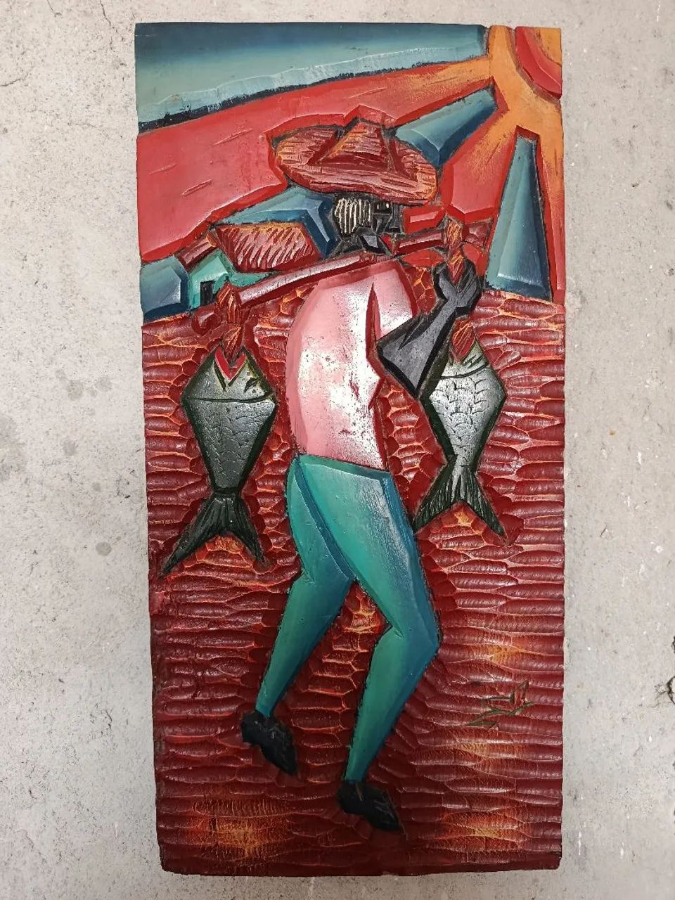 Quadro decorativo pescador entalhado na madeira. - Foto 5