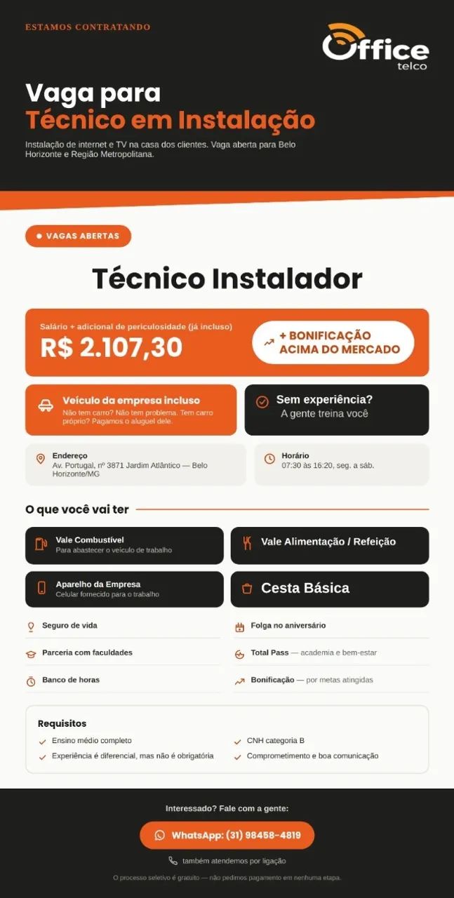 VAGA PARA TÉCNICO EM INSTALAÇÃO