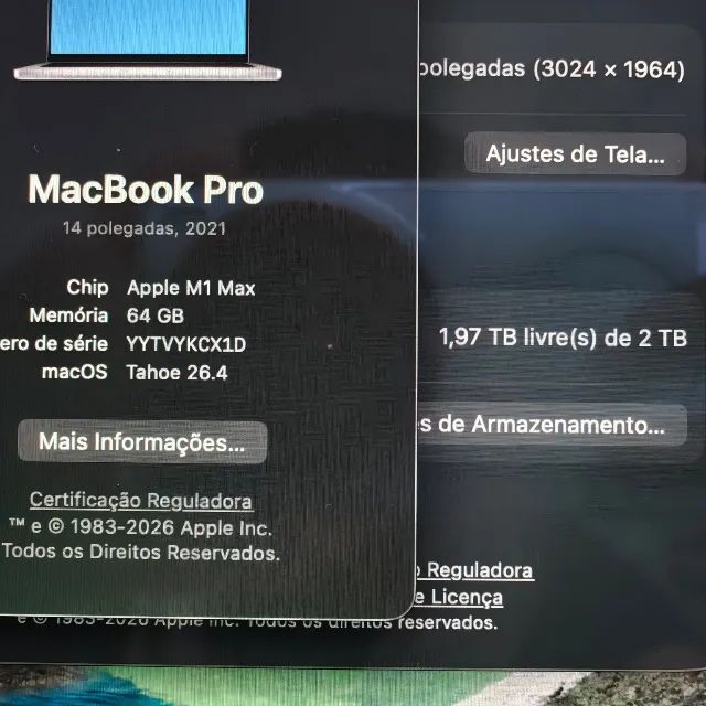 MACBOOK PRO 14 M1 MAX 64GB/2TB - COMO NOVO - 41 CICLOS - Notebooks
