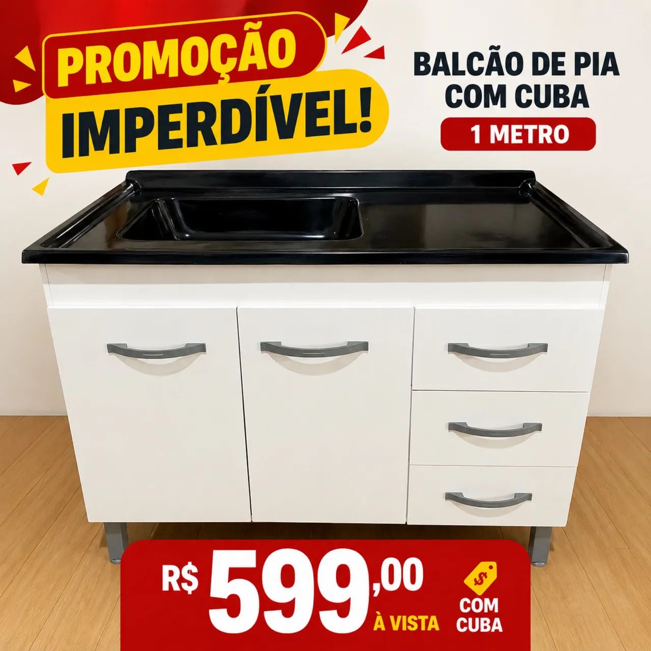 Balcão de pia c/ Cuba 1 metro 