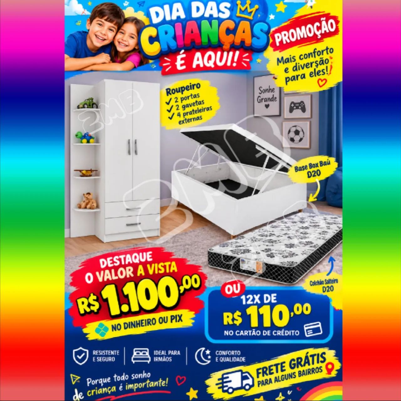 Quarto de Solteiro : Base Baú, colchao solteiro e Roupeiro com prateleiras externas