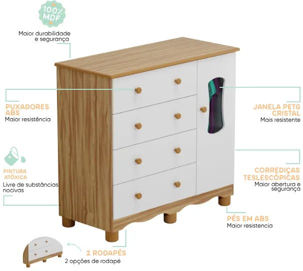 Comoda Luna 1 Porta, 100% MDF - Peroba