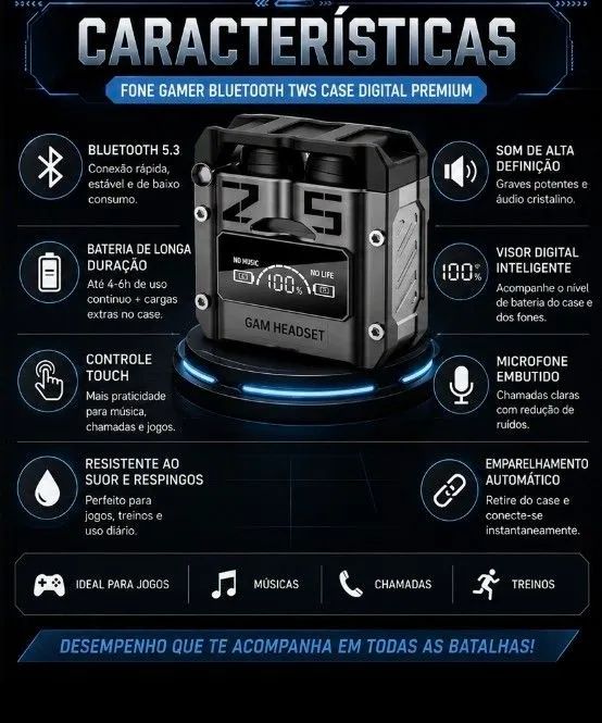 Fone Bluetooth Gamer TWS com Display Digital e Case Premium - Foto 2