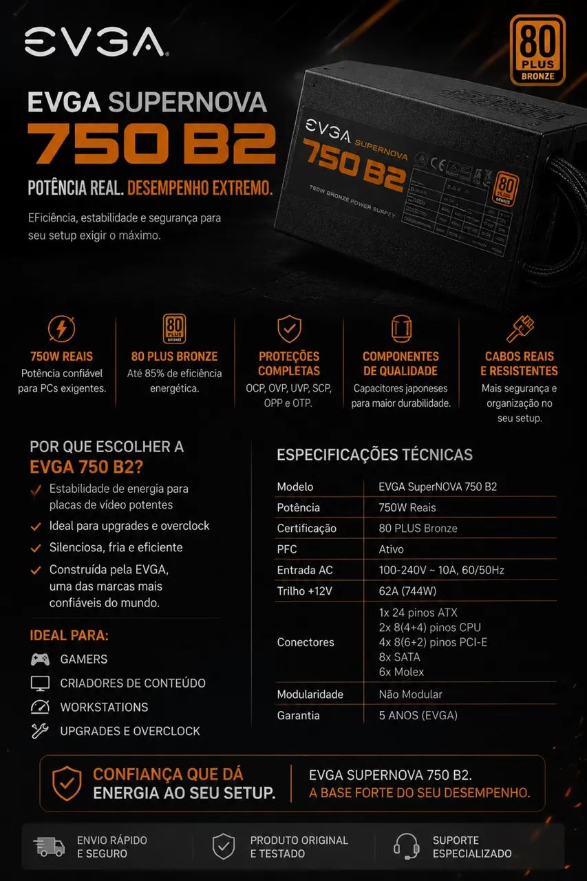Fonte EVGA 750W Semi modular