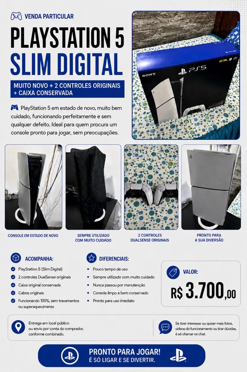 PlayStation 5 Slim Digital com 2 controles, capa e caixa 