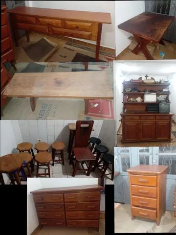 Lote móveis madeira maciça rústico demolição vintagem estante gaveteiro banco cadeira