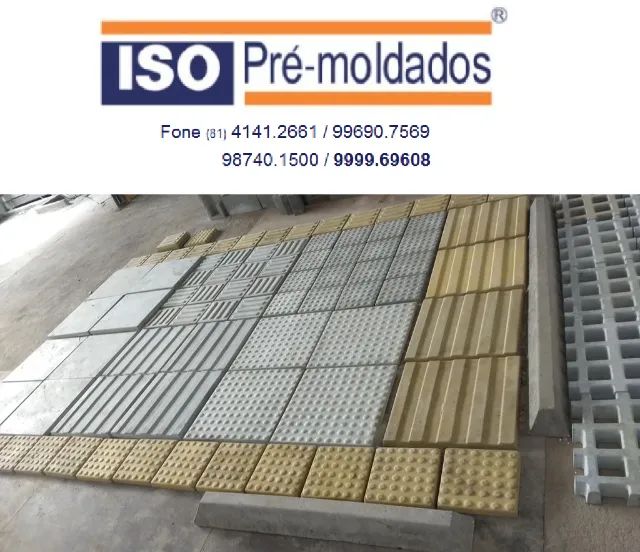 Lajotas tátil é fabricada em concreto de 25MPa na dimensão de 50x50x3 cm ou 25x25x3 cm. 