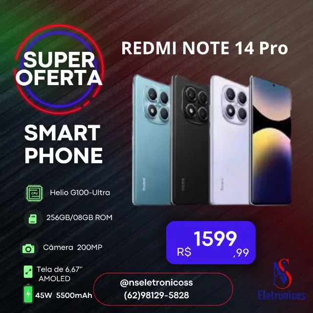 Celular Xiaomi Redmi Note 14 Pro 4G NFC Versao Global 256GB/08GB ROM Novo Entrega Gratis