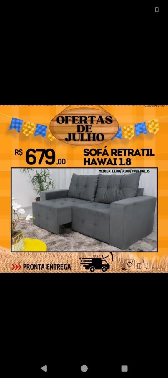 Sofá retrátil com almofadas inclusa