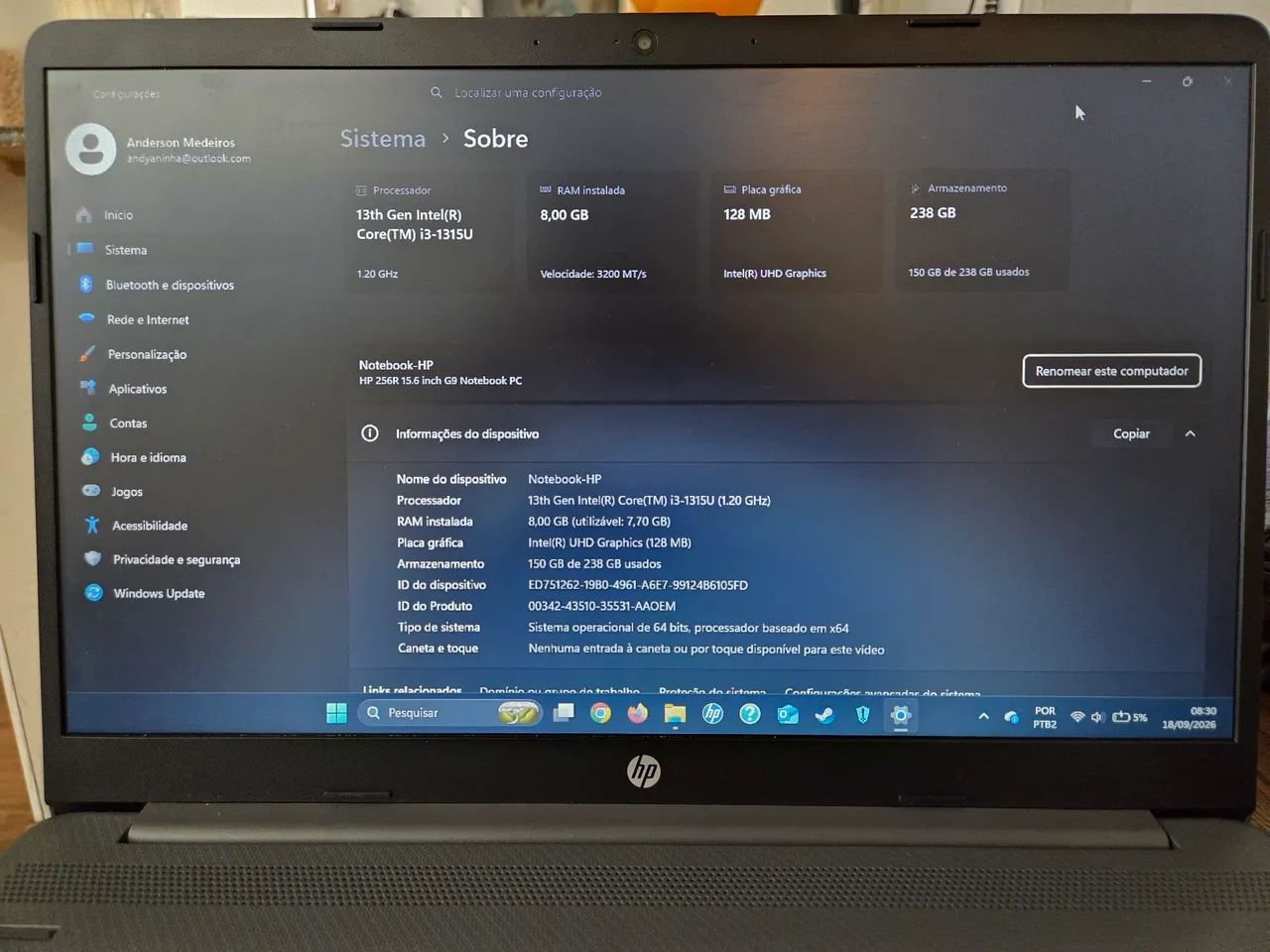 Notebook HP 256R G9 Core i3 13ª Geração