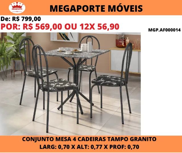 Conjunto de Mesa 0,70x0,70 Tampo Granito 4 Cadeiras