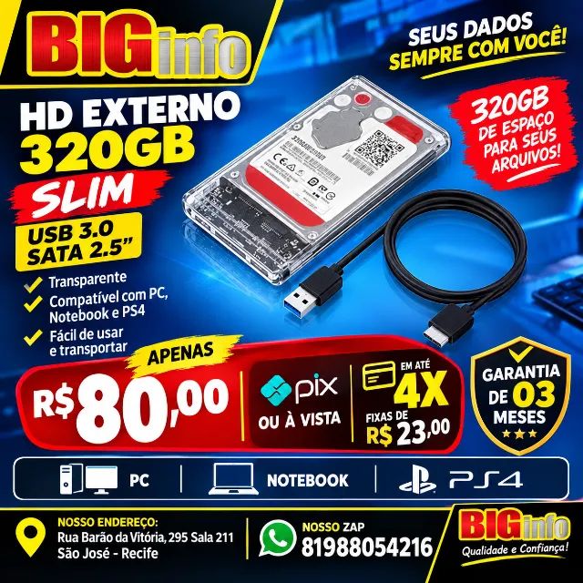 HD Externo 320GB Slim USB 3.0 SATA 2.5? Transparente - Compatível com PC, Notebook e PS4