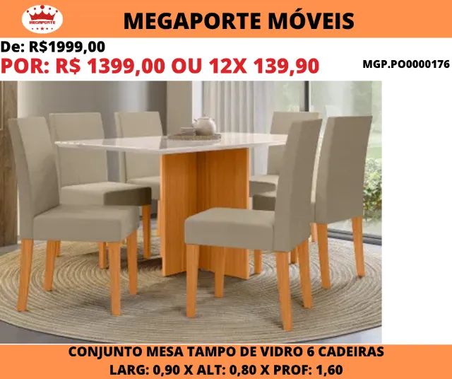 Conjunto Mesa de Jantar Tampo de Vidro 6 Cadeiras