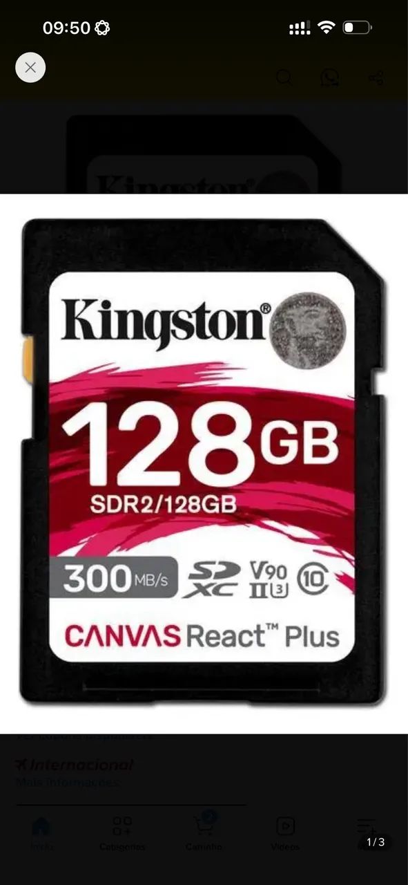 Cartão SD Kingston React Plus 128gb v90 