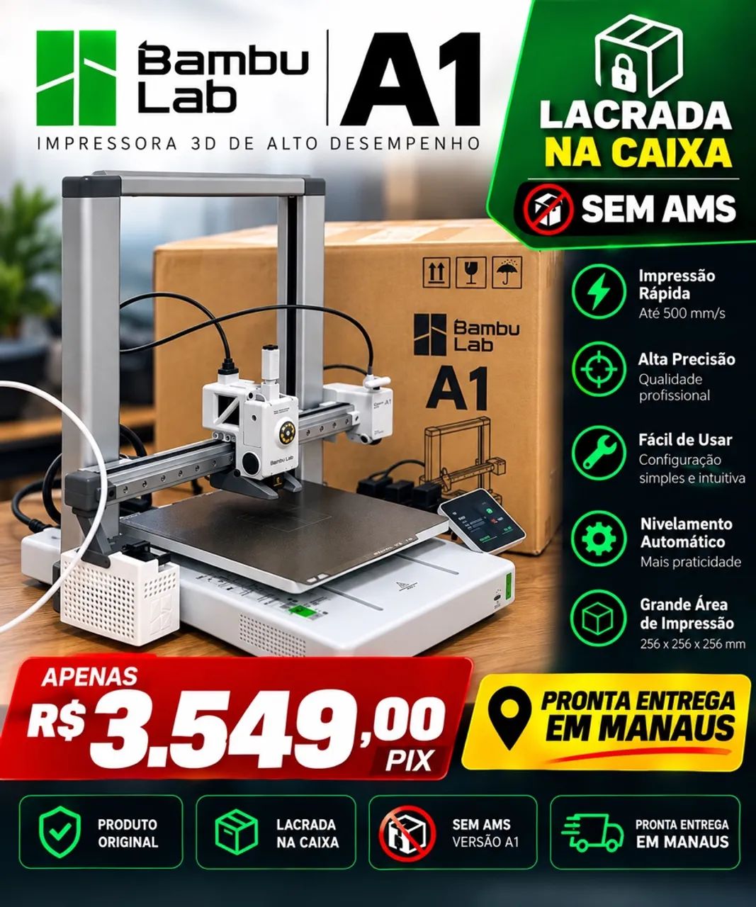 Impressora 3D BAMBU LAV A1 Sem AMS 