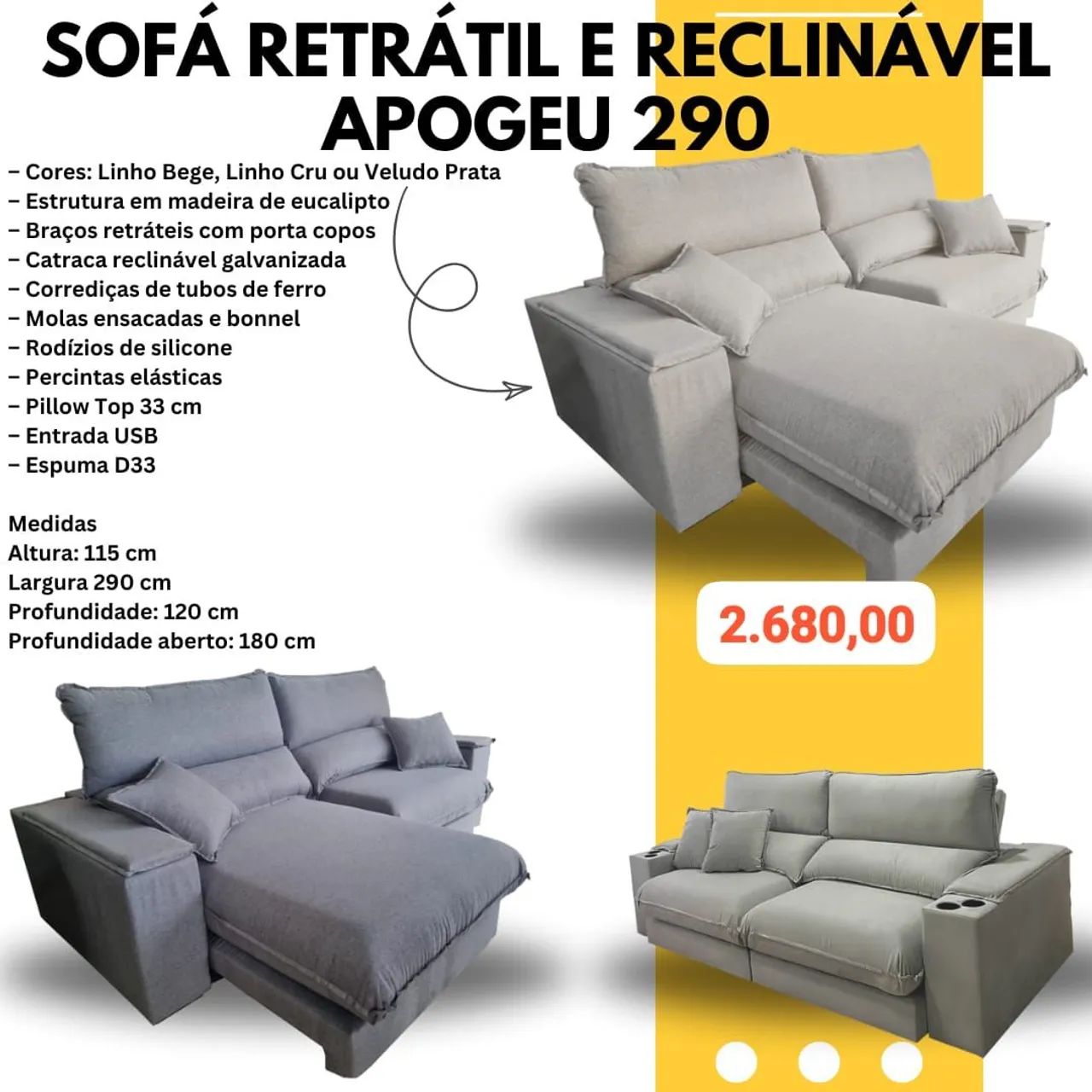 Sofá retrátil e reclinavel 2.90m linho cinza molas perfeito para Netflix e copa do mundo