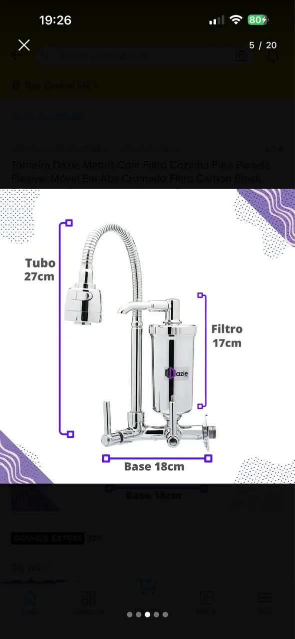 Dazie Kitchen Faucet with Activated Carbon Filter, Wall-Mounted, Flexible and Movable, Chrome-Plated ABS