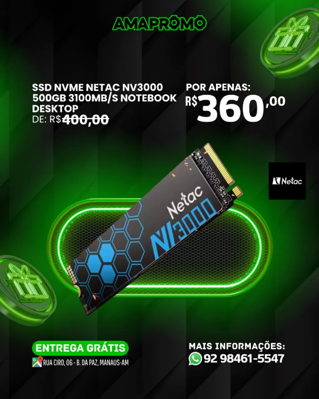  SSD NETAC NVMe NV3000 - 500GB | ORIGINAL  