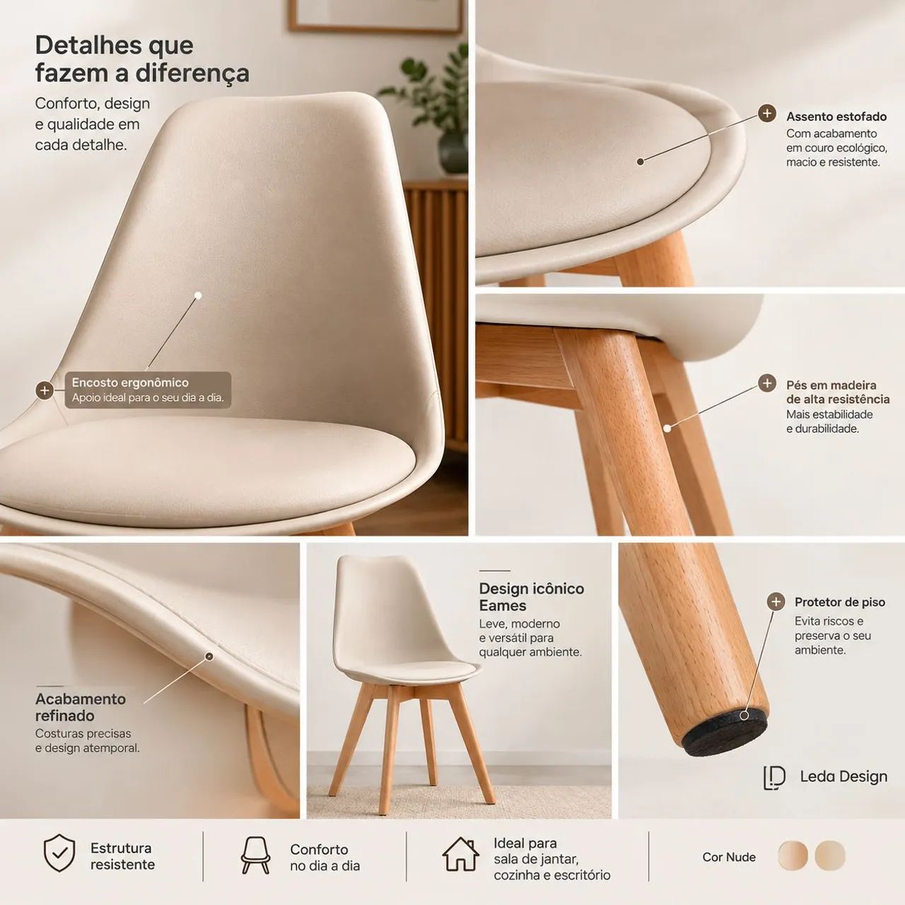 Kit com 2 Cadeiras Eames Wood Leda Design - Cor Nude - Foto 3