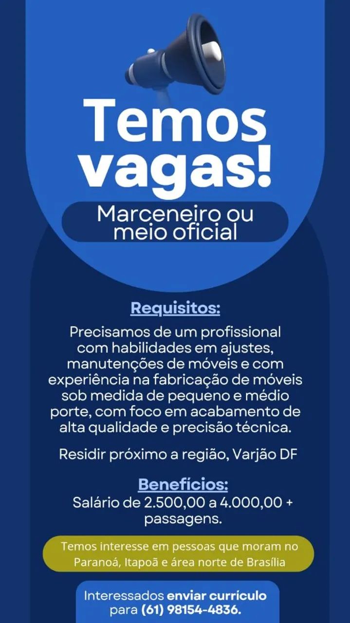 Vaga de emprego para marceneiro ou meio oficial