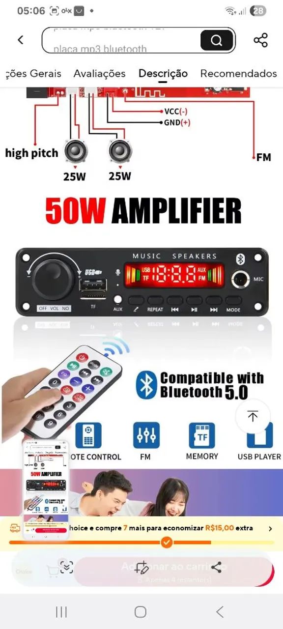 Placa bluetooth  50w  com ent. Microfone 