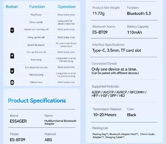 Adaptador Receptor Bluetooth 5.3 Essager - Foto 4