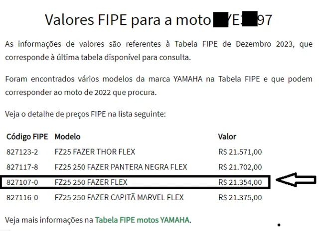 Tabela de FIPE Yamaha FZ25 250 FAZER FLEX- FIPE 827107-0