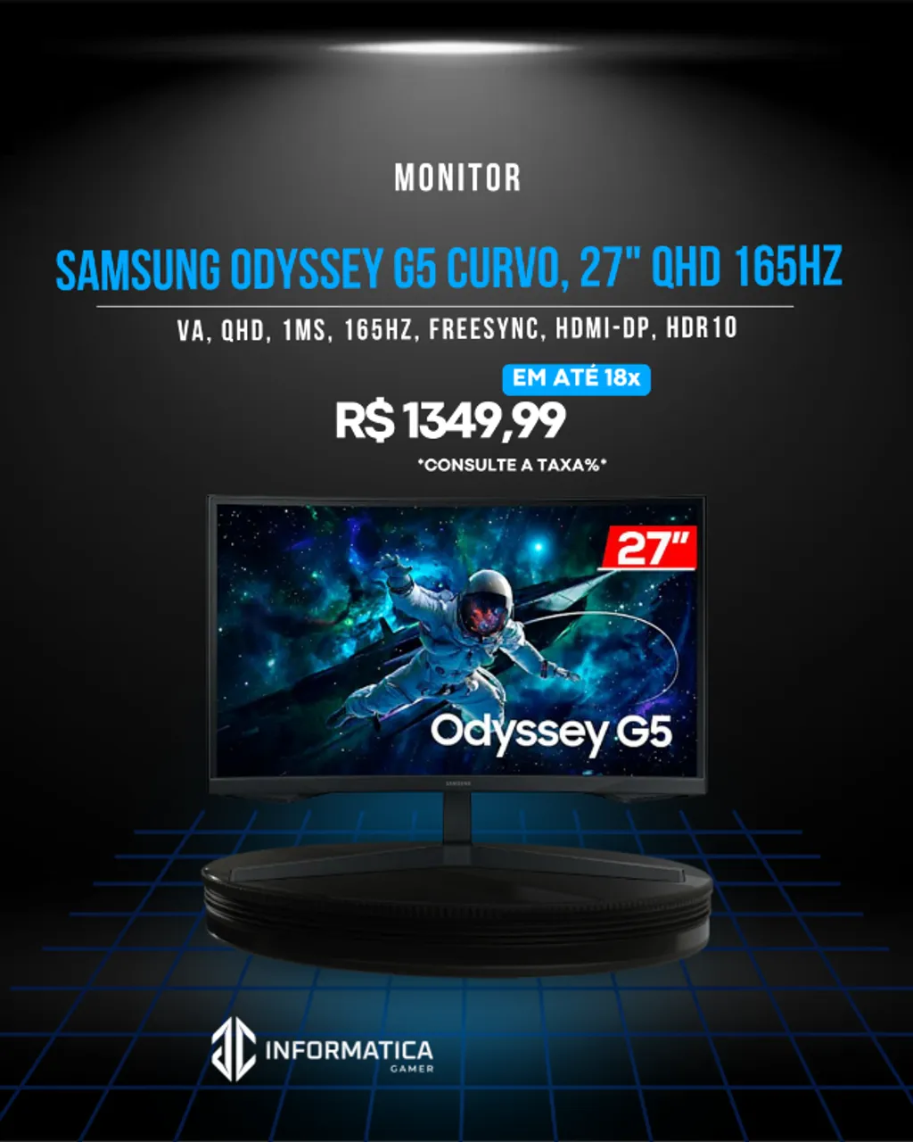 Monitor Gamer Curvo Samsung Odyssey G5, 27"" QHD, 165Hz, 1ms, HDR10, Freesync, HDMI e DP(J