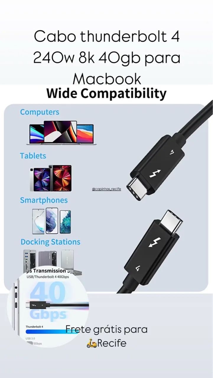 Cabo Thunderbolt 4 40Gbps 240W para Macbook - Novo - Foto 2