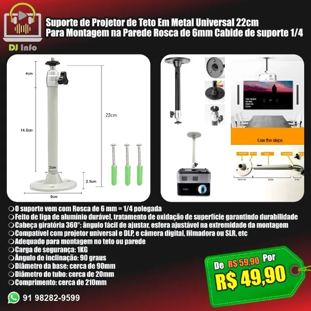 Suporte de Projetor de Teto Em Metal Universal 21cm Para Teto e Parede