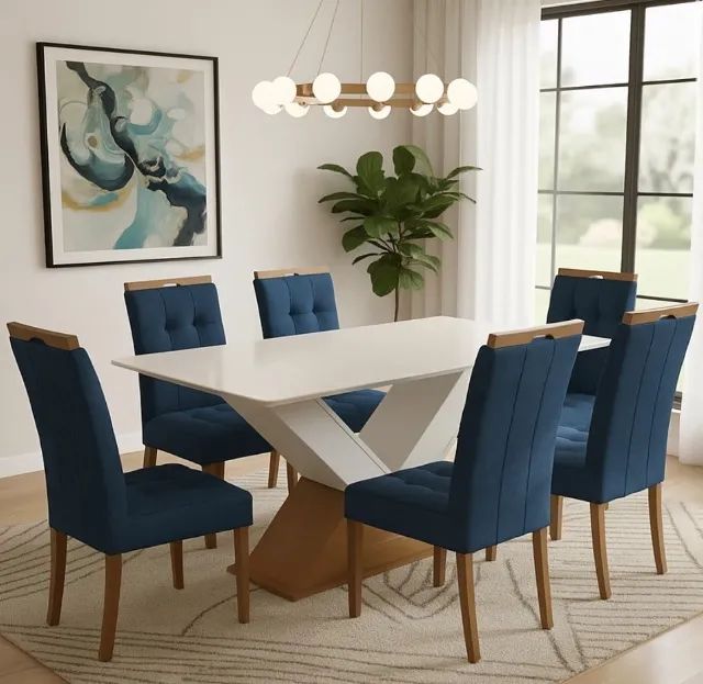 Mesa Aurora Azul 160 Canela com 6 Cadeiras Veludo Azul