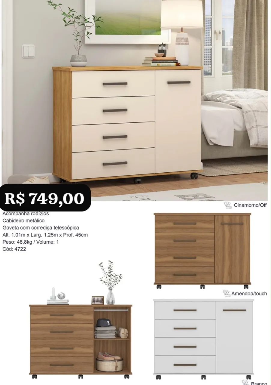 Cômoda Barcelona com rodinhas 