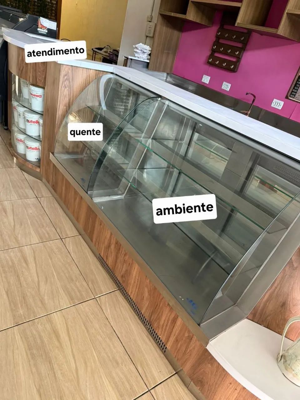 Conjunto de balcões quente, ambiente e refrigerado + balcão de serviço em inox 304 com pia