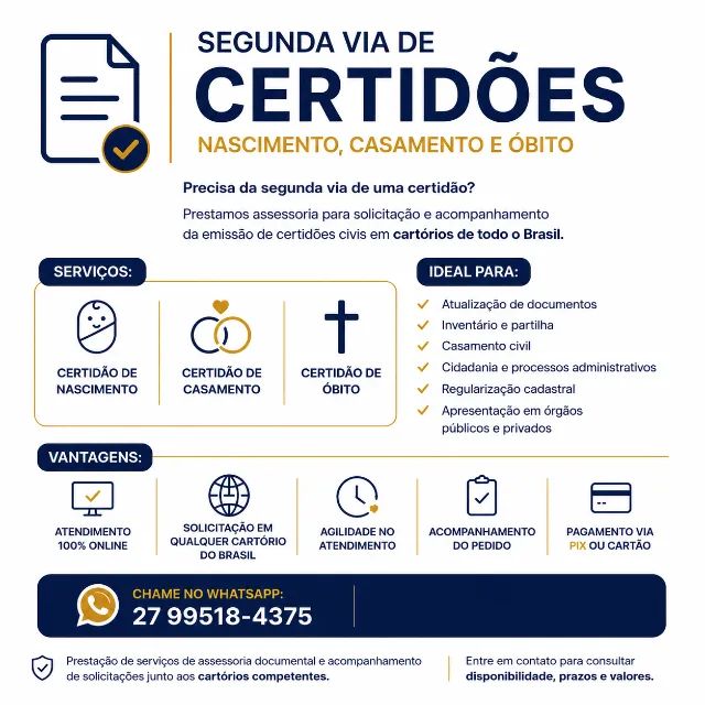 Segunda Via de Certidão de Nascimento, Casamento e Óbito