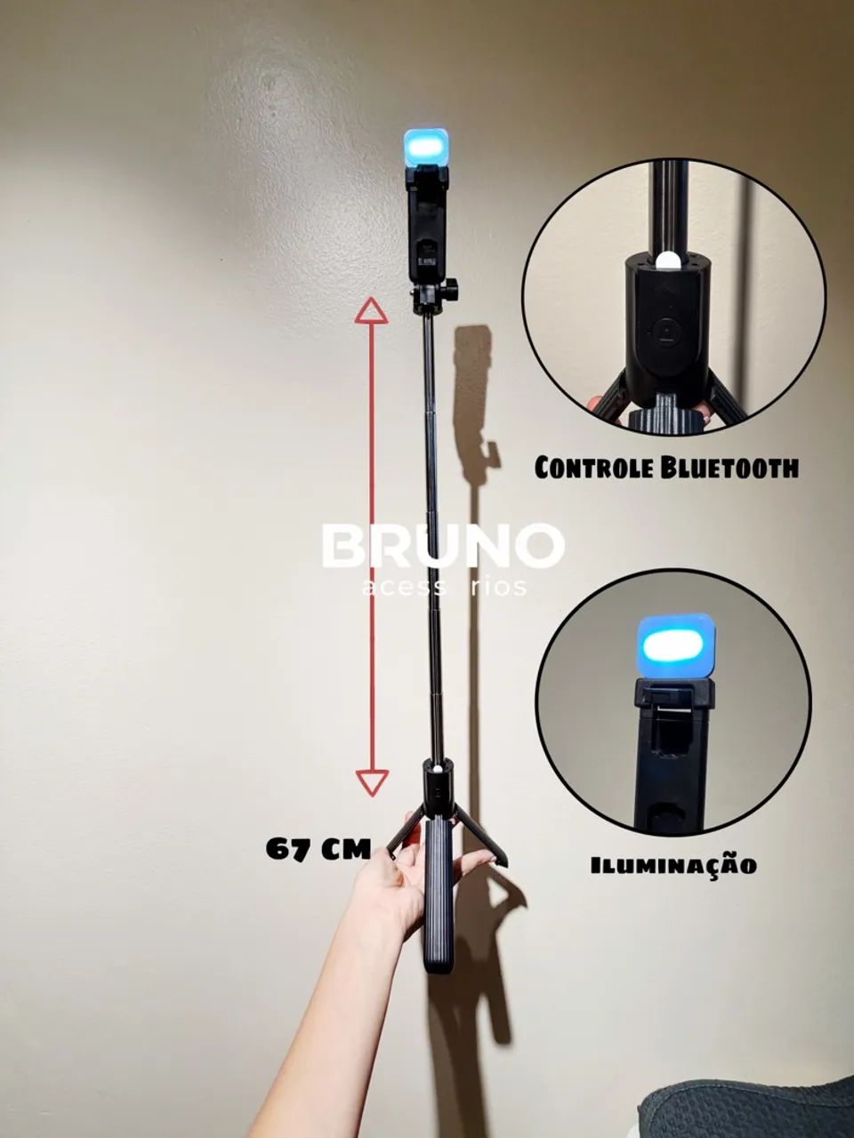 Bastão tripé selfie com controle Bluetooth e led 67 cm - Foto 2