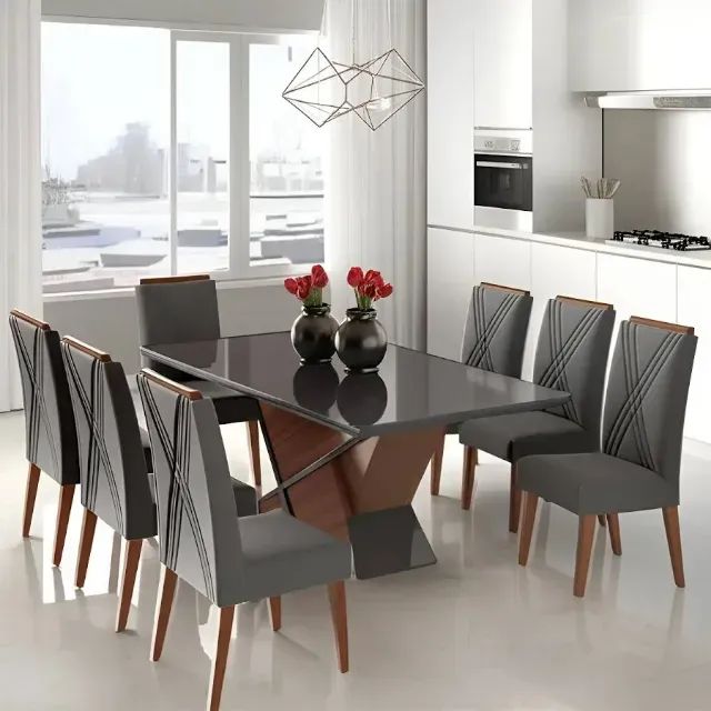 Mesa de Jantar Moderna com Tampo de Vidro e 8 Cadeiras Cinza - Foto 2